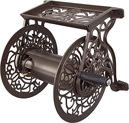 Decorative Cast Aluminum Wall Mount Garden Hose Reel - Holds 125 Feet, No Guide, Bronze Finish