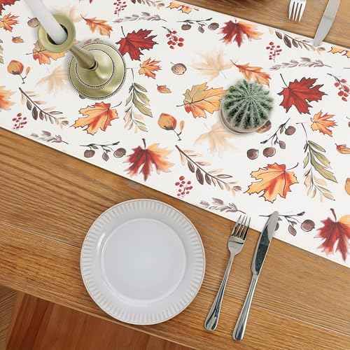 OWENIE Fall Table Runner for Kitchen Dining Table, Thanksgiving Autumn Printed Harvest Pumpkins Maple Leaves Textured Fabric Halloween Holiday Home Decorations, Water-Proof, Washable, 13" W x 36" L