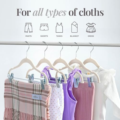 Home-it Non-Slip Velvet Baby Clothes Hangers with Clips | 12 Pack - Heavy-Duty Ivory Skirt & Pants Hangers
