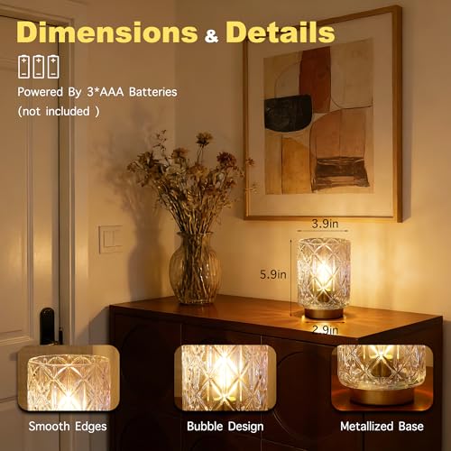 ULAROOM 2 Pack Cordless Battery Operated Table Lamps with Timer, Warm White Glass Shade for Bedroom & Decor (Grid-Clear)