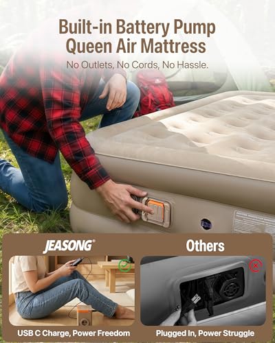 JEASONG Queen Air Mattress with Built-in Pump, 16-Inch Inflatable Bed with Flocked Surface for Camping & Home