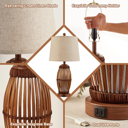 27-Inch Vintage Bamboo Woven Table Lamps Set of 2 with USB & Nightlight