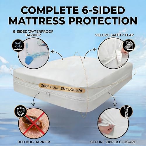 Cotton Zippered Bed Bug Mattress Cover Full Size 6-Sided Waterproof Encasement - Ultimate Bed Protection Kit