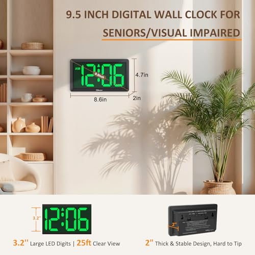 9.5 Inch Digital Wall Clock with Large LED Display - Green Variation