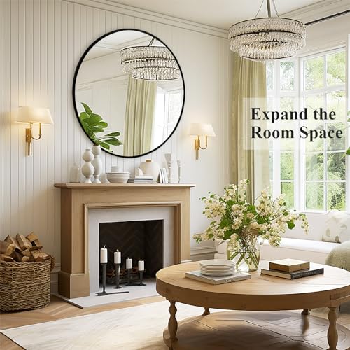 30 Inch Black Round Wall Mirror - Matte Framed Bathroom Mirror with Two Mounting Holes