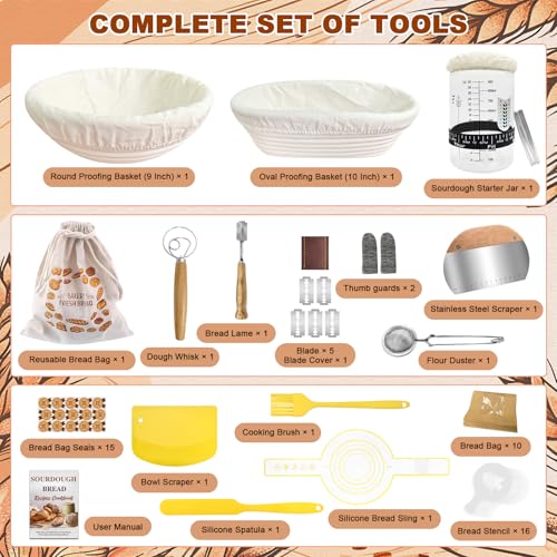 Qalvyn Yellow Sourdough Starter Kit with Proofing Baskets & Accessories — Beginner Baking Set