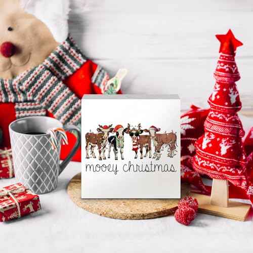 Christmas Cow Wood Box Signs, Cow Christmas Decorations, Cow Gifts for Women Cow Lovers, Farmhouse Christmas Decor, Christmas Wooden Signs for Home Office Desk Shelf Table Decor, 5x5 Inch