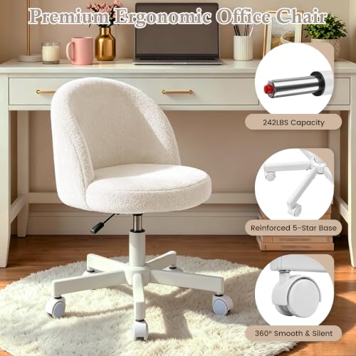 White Vanity Chair with Backrest - Girls Desk Stool, Adjustable & Swivel