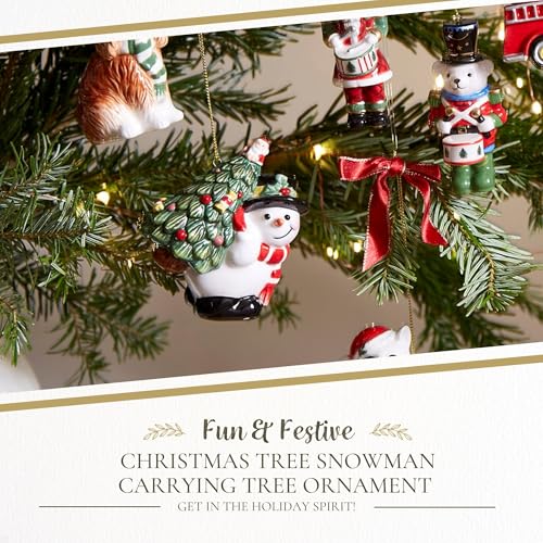 Spode Snowman Ornament - Christmas Tree Carrying Small Tree with Bow (Snowman variant)
