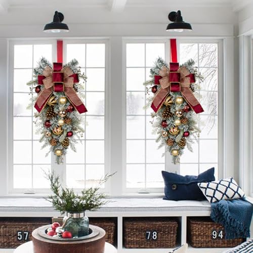 Arborus Burgundy Teardrop Swag 30" Front Door Christmas Decor with Pine Cones & Berry Clusters