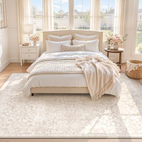 Beige 6'x9' Boho Vintage Washable Non-Slip Area Rug - Soft Stain-Resistant Indoor Carpet for Living Room, Bedroom, Nursery, Office