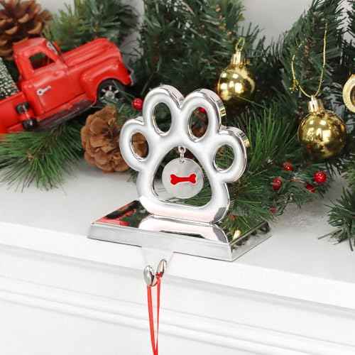 Hooqict Dog Paw Christmas Stocking Holder with Bone Pendant for Mantel 3D Silver Metal Mantel Stocking Holder Christmas Stocking Hanger for Christmas Fireplace Table Decorations