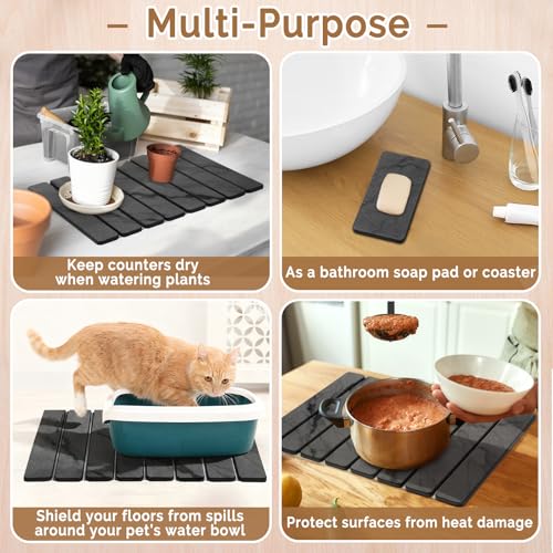 Linidcoud Dark Gray 20x14 Inch Stone Dish Drying Mat for Kitchen Counter - Quick Dry Water Absorbing Marbled Diatomaceous Earth Pad