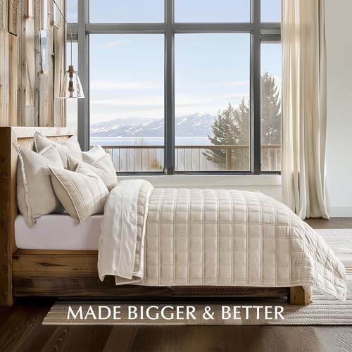 EverGrace Luxurious Velvet Quilt Set Queen Double Box Stitch Beige 3 Pieces