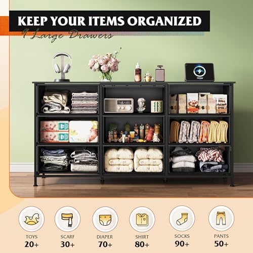 Black Large Size TV Dresser with 9 Fabric Drawers, 65 Inch Storage Console