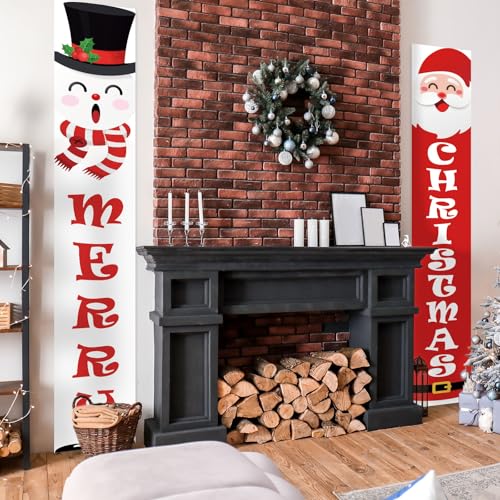 Christmas Porch Banner Sign Snowman Santa Claus Merry Christmas Banner for Xmas Holiday Wall Hanging Decor Supplies Indoor Outdoor