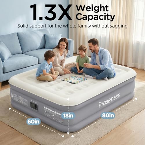 Prosenses Queen Air Mattress with Built-in Pump, 18in, Cloud Grey, Fabric-Laminated