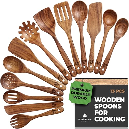 Woodenhouse 13-Piece Teak Wooden Kitchen Utensil Set for Nonstick Pans