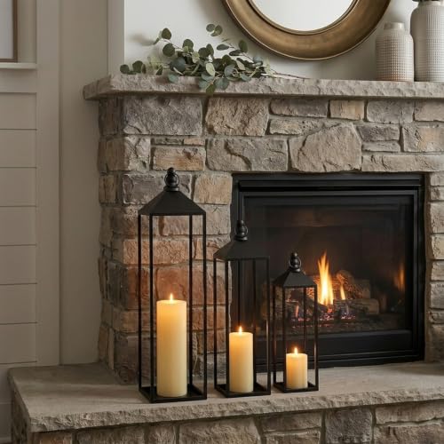 Black Outdoor & Indoor Floor Lanterns Set of 3 - Tall Metal Candle Holders - Variation of THIS listing