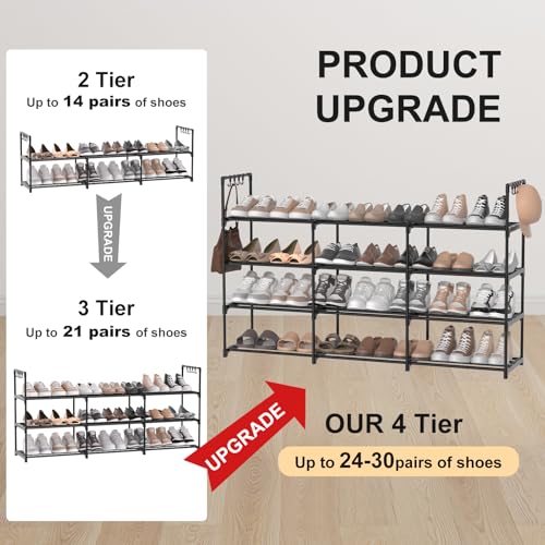 3 Row 4 Tier Shoe Rack - Stackable Metal Shoe Organizer with Hooks, Holds 24-30 Pairs - Space Saving Closet Storage - Black - Variation of THIS listing