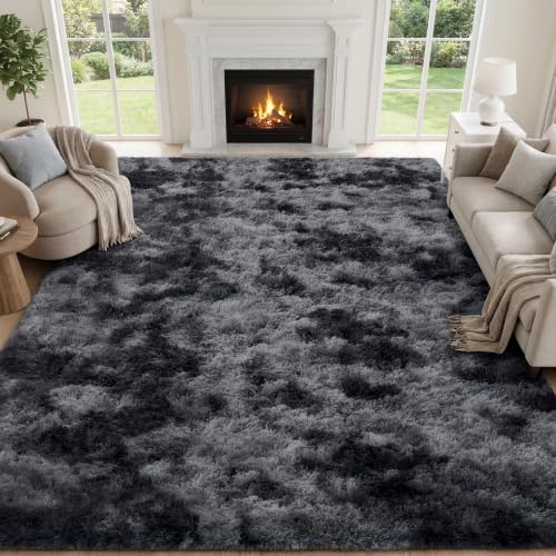 9x12 Fluffy Area Rug for Living Room & Bedroom - Tie-Dyed Dark Grey