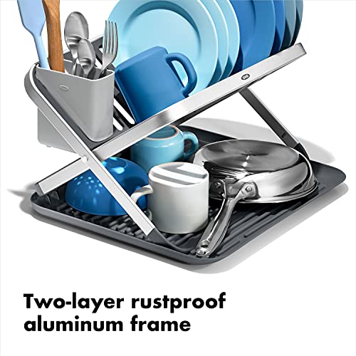 OXO Good Grips Aluminum Fold Flat Dish Drying Rack - 2-Tier, Removable Utensil Cup, Compact Storage