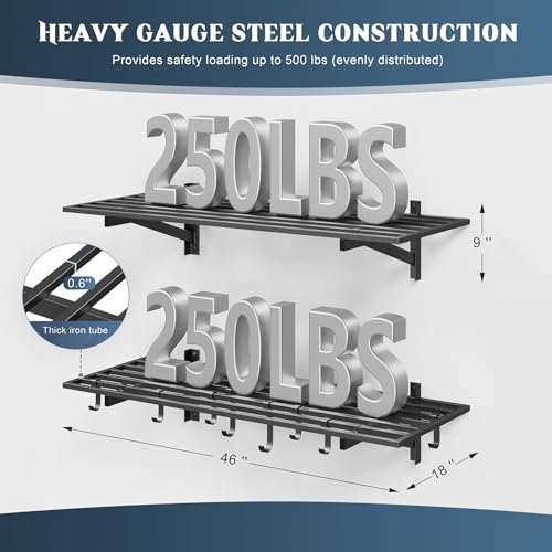 2 Pack Wall Mounted Garage Shelving with 8 Hooks - 1.5x4ft Heavy Duty Steel Storage Racks