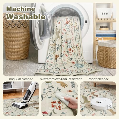 Yidanamy Beige Animal & Floral 5x7 Washable Area Rug for Living Room & Nursery