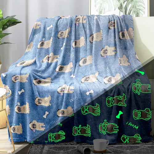 Glow in The Dark Pug Blanket, Super Soft Glowing Pugs Gifts for Pug Lovers Gift for Kids Pugs Stuffed Animal Blanket for Dog Lovers (Glow Pugs, 47" x 60")