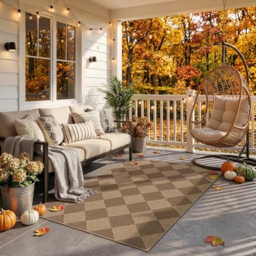 Indoor Outdoor Checkered Jute Look Rug 3x5 Washable Non Slip Entryway Decor - Nature Variation 2