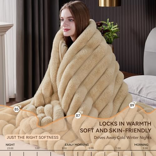 Beige Faux Fur Throw Blanket 80x90 Inches - Thick Plush Warm Cover