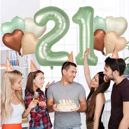 Biapian 40 Inch Sage Green Number 21 Balloons, Large Foil Number 2 & 1 Balloons with 18'' Olive Green Heart Balloon for 21st Year Old Birthday Decorations Men Women Anniversary Jungle Party Supplies