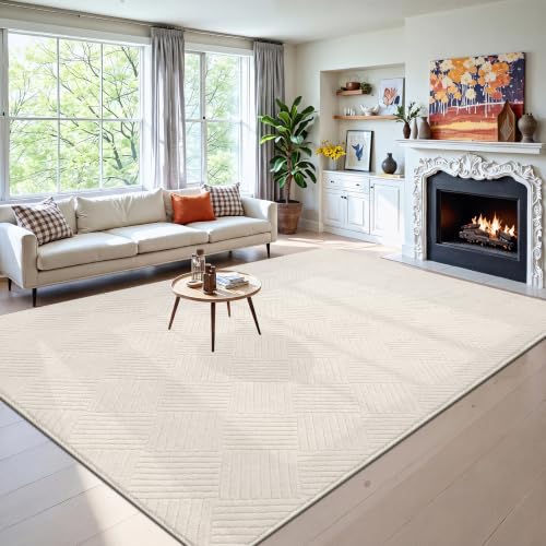 Beige 6x9 Living Room Area Rug - Geometric Shaggy Bedroom Mat