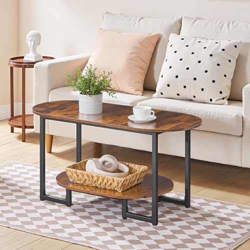 HOOBRO Rustic Brown Oval Coffee Table with 2-Tier Storage - Small Living Room Centerpiece