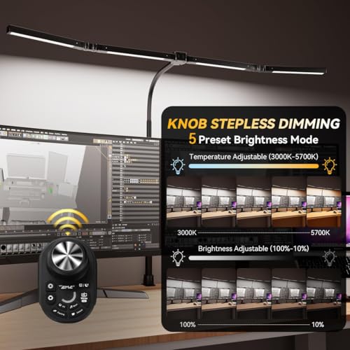 Black Adjustable LED Desk Lamp with Clamp & Remote, 4-Head Wide Light