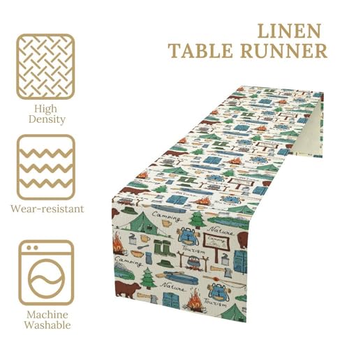 KANEPE Camping Blue Forest Animal Bear Pattern Linen Table Runner 13x36in for Indoor Outdoor Dining