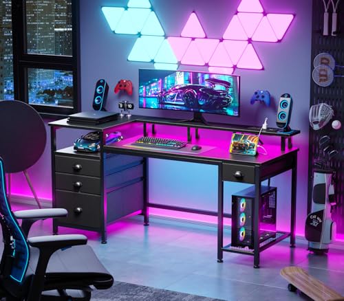 Furologee 60" Gaming Desk with 4 Drawers & LED Lights, Power Outlet,