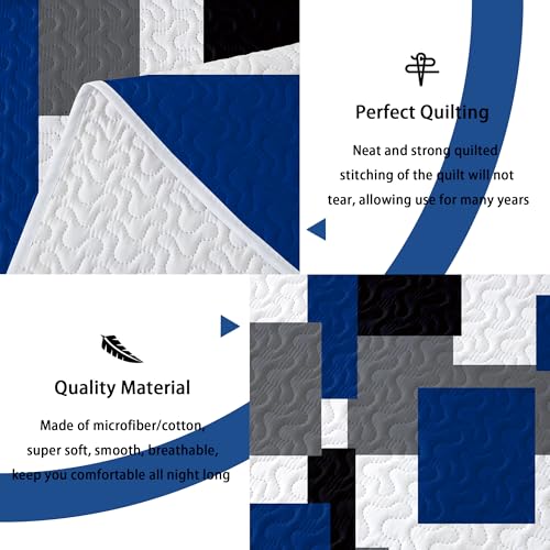 Blue White Grey Quilt Bedding Set Full/Queen Size - Modern Patchwork Comforter Coverlet