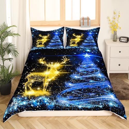 Manfei Christmas Duvet Cover Set Queen Size Gold Reindeer Bedding Set 3pcs for Kids Boys Girls Blue Christmas Tree Comforter Cover Western New Year Theme Quilt Cover with 2 Pillowcases,No Comforter