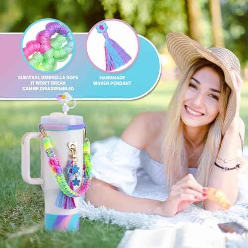 8Pcs Initial Stanley Cup Accessories Set for 40Oz 30Oz 20Oz - Teen Girls Gifts Tumbler Cup Decorations with Handle, Rainbow Straw Topper, Flower Charms, Silicone Boot and Letter Stickers A