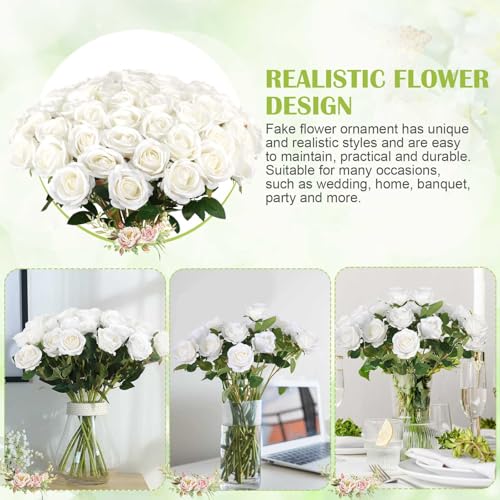 Artificial Roses Bulk - White Velvet Silk Flowers, 60 Long Stems - Versatile Home & Wedding Decor