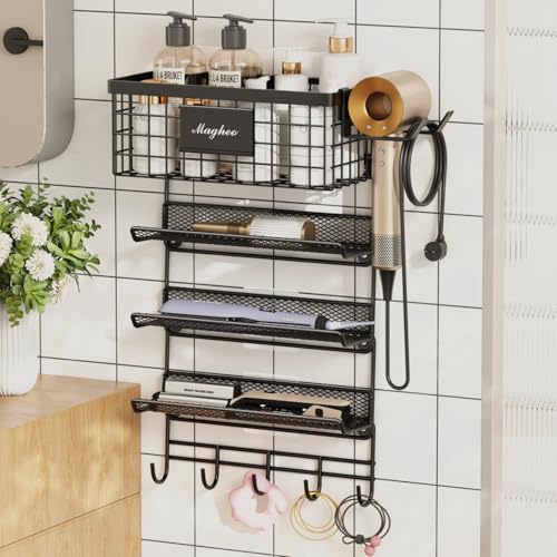 Magheo Black Wall Mount Hair Dryer Holder with 5-Tier Storage Shelf & Hooks – Bathroom Organizer