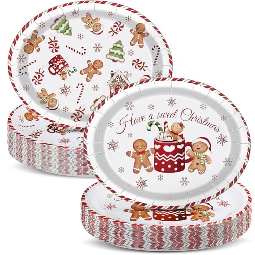 Pajean 100 Pcs Christmas Gingerbread Man Paper Plates 9 x 11 Inches - Holiday Party Supplies