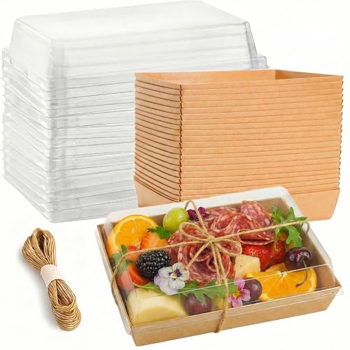 Brown 50 Pack 8x6in Charcuterie Board Boxes with Clear Lids - Food Gift Containers