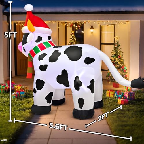 KOOY 5.6FT Christmas Inflatable Cow with LED Lights Outdoor Yard Decor