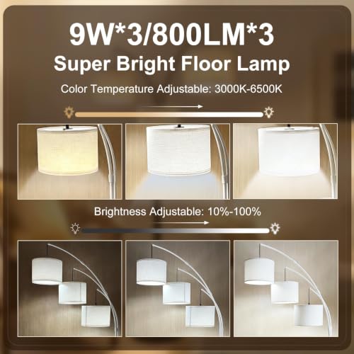 White Dimmable Arc Floor Lamp with Remote Control - Tall LED Standing Light