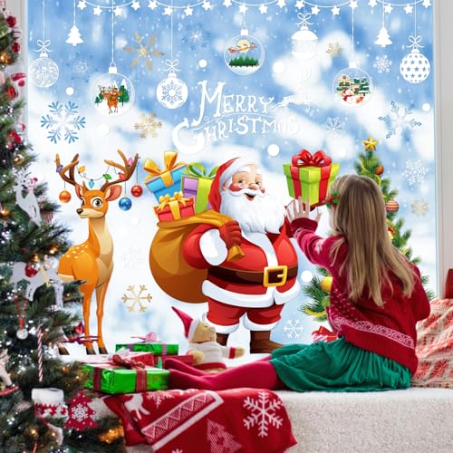 140pcs Christmas Window Clings Cute Christmas Decorations Large Santa Claus Christmas Tree Decorations 13 Sheets Snowflake Reindeer Xmas Stickers Door Decor Wall Decal Winter Glass Holiday Party