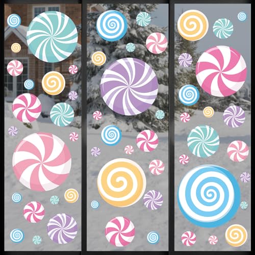 Ivenf Christmas Decorations Window Clings: 8 Sheets Extra Large Lollipop Peppermint Christmas Window Clings, Cute Pink Candyland Candy Stickers Decals for Kids Home School Office Holiday Party