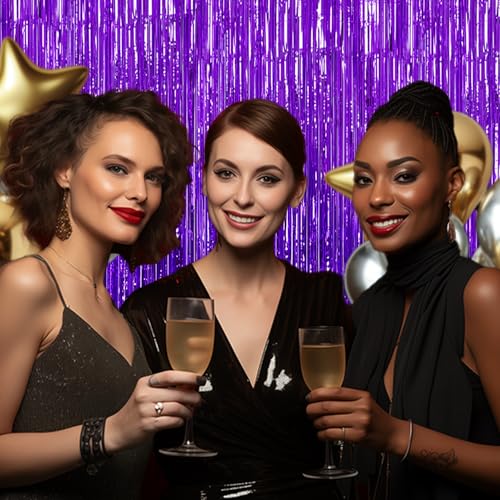 3 Pack Foil Fringe Backdrop - Purple Shiny Tinsel Curtains for Party Decoration/Photo Booth Props - 3.3x8.2 FT Metallic Foil Backdrop for Birthday, Wedding, Graduation, Christmas.