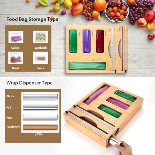 Kitchen Food Wrap & Bag Storage Organizer with Cutter, Bamboo 6-in-1